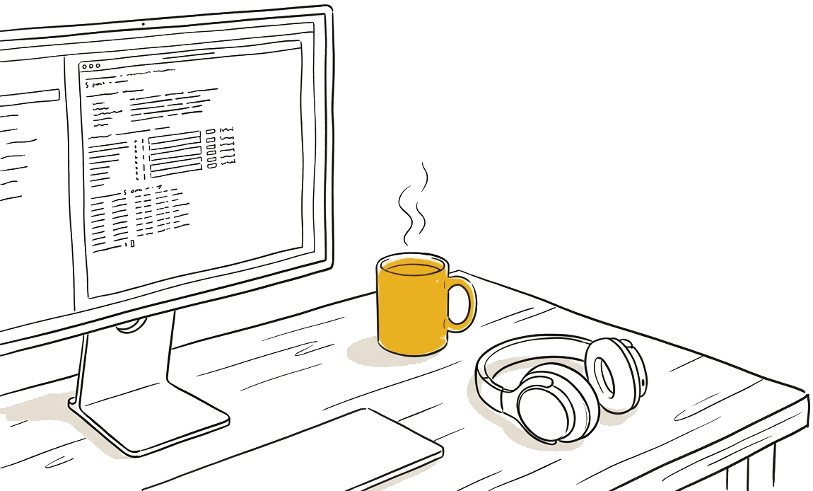 Computer & Mug running Claude Code