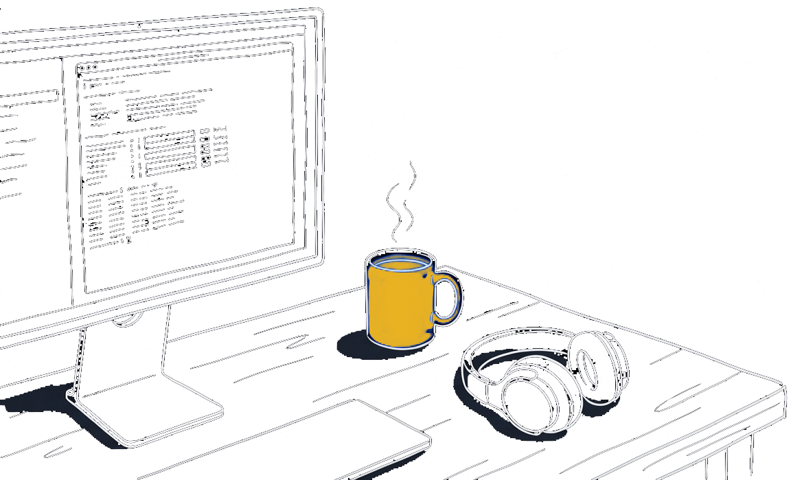 Computer & Mug running Claude Code