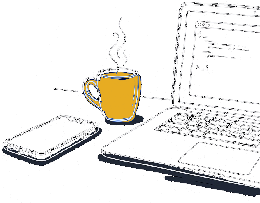 Computer & Mug running Claude Code