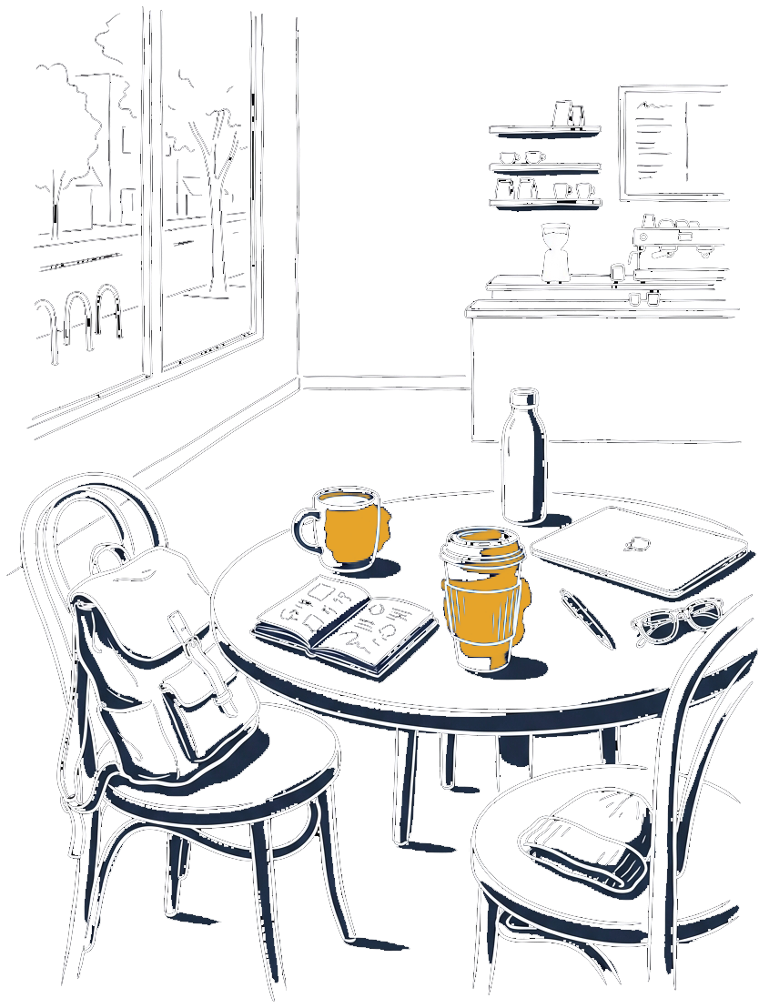 Coffee shop, laptop, coffee