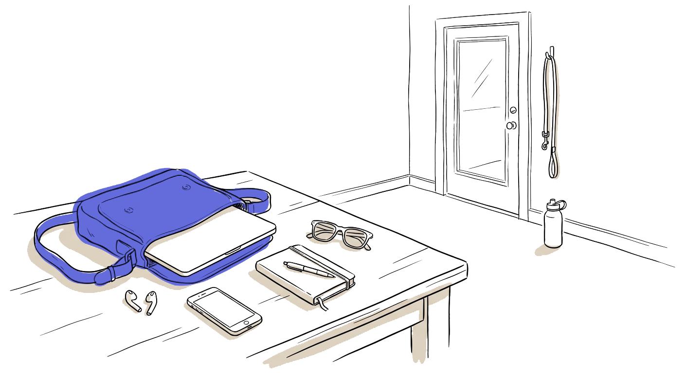 Bag, tech items, doorway