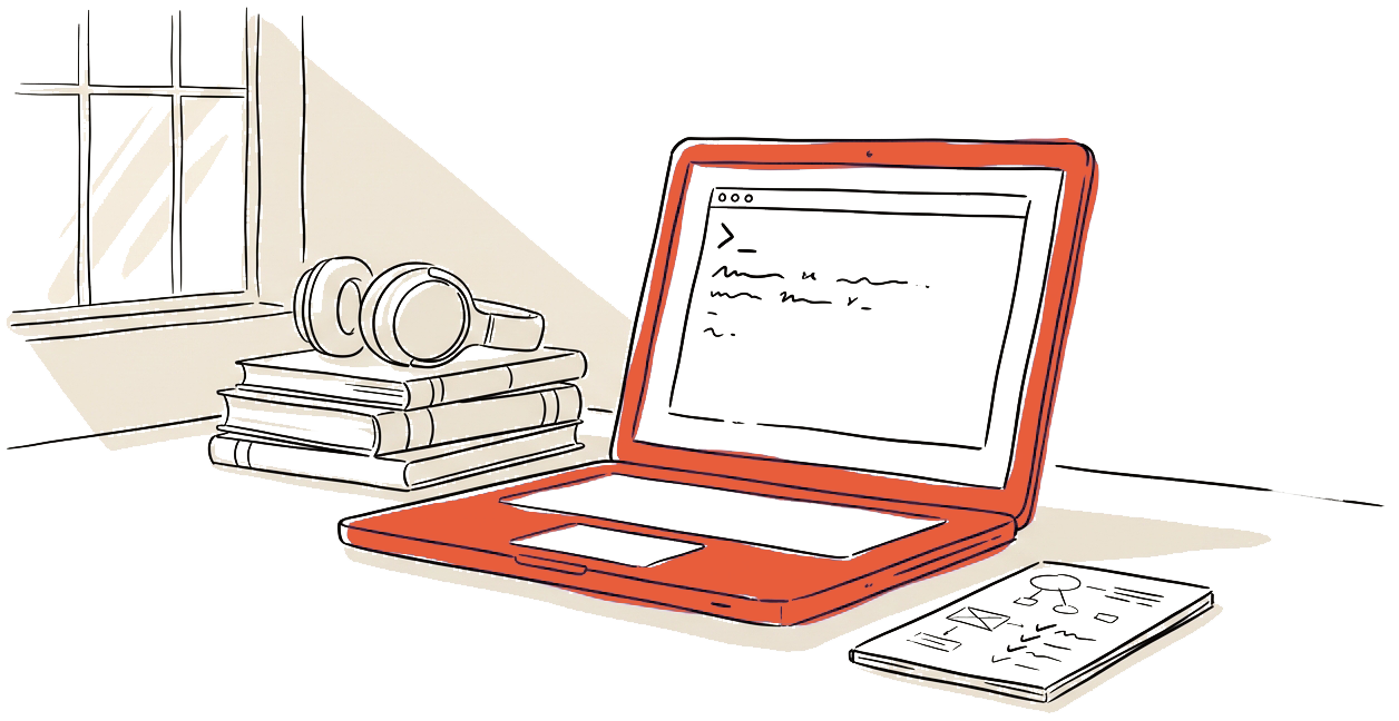 Laptop, books, headphones, window, notes