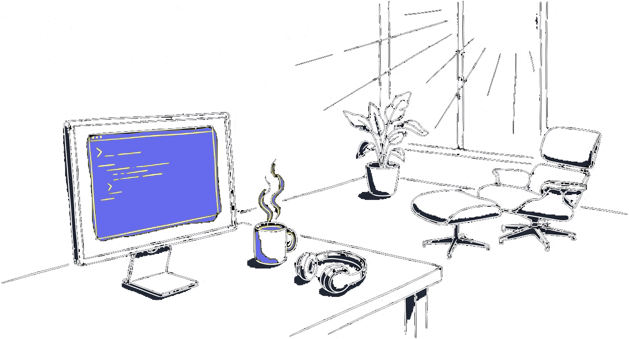 Office monitor, headphones, chair, window